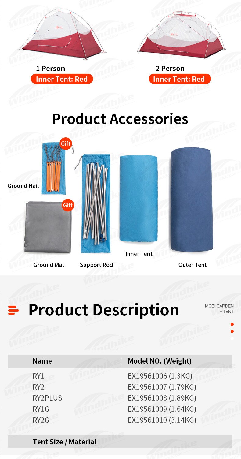 Cheap Goat Tents MOBI GARDEN RY Series Camping Tent 1 2 Persons 1.3kg Lightweight Tent PU4000MM Portable Tent Snow Skirt Gift Floor Mat Outdoor   